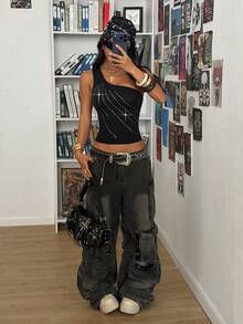 StreetHx 女士黑色水钻装饰单肩上衣 - 黑色 - 查看 2