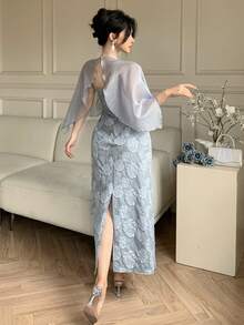 DAZY Đầm dài kiểu Trung Quốc tối giản, thắt eo, nhẹ nhàng dành cho nữ, mùa hè, đầm dự tiệc cưới, đầm hè. - Xám Xanh - Xem 7