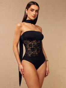 Silquee A Sexy Black Lace-Trimmed, Backless, Flowy-Neck, Partially Sheer Bodysuit, Suitable For Nightclub Parties, Everyday Wear, Holidays, Vacations, And Other Occasions. - Black - View 7