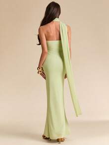 SHEIN BAE Đầm xanh lá cây trơn, vai lệch, buộc dây, dành cho nữ, đầm xanh lá cây, đầm thanh lịch, đầm đi nghỉ mát, đầm ngắn cho phù dâu, đầm đi học/tốt nghiệp. - màu xanh lá - Xem 2