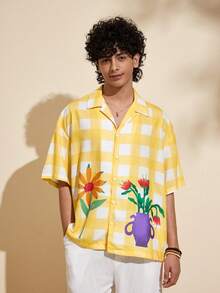 Felipe Marques 男士花卉格纹印花撞色短袖宽松衬衫，黄色格纹休闲衬衫，适合海岛度假、派对、波西米亚风、秋冬季穿着 - 彩色 - 查看 5