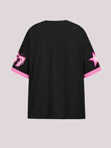 少女休闲撞色趣味数字67蝴蝶结星星印花宽松短袖T恤，运动风，适合夏季穿着 - 彩色 - 查看 4