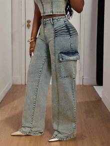 Slaydiva Plus Size Casual Washed Vintage Wide Leg Cargo Jeans - Black - View 7
