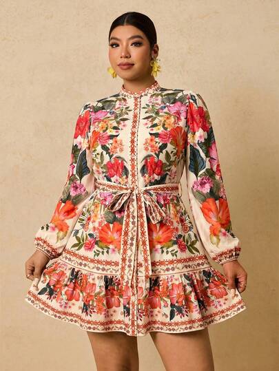 Travachic Vestido de manga larga con estampado de plantas tropicales para mujer de talla grande, adecuado para vacaciones/resort, otoño/invierno