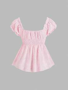 Sweetra 女士法式浪漫粉色衬衫，甜美少女风花瓣袖蝴蝶结领口不规则下摆衬衫，春夏款 - 粉色 - 查看 2