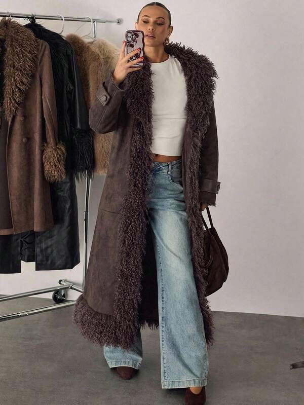 SHEIN BAE Women's Autumn/Winter Commuter Style Solid-Color Suede Warm Long Trench Coat, Brown Jacket, Casual Women's Outerwear, Women's Winter Coat, Fall Style, Suede And Fur Combination Jacket, Perfect For Autumn/Winter Outings, Keeps You Warm Long Coat Faux Fur Coat
