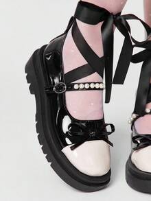 ROMWE Kawaii Women's Fashionable Sweet Bow Decor Lace-Up Flats Valentine's Day - black and white color matching - View 3
