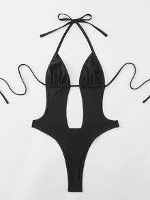 Swim SXY Solid Color Halter Drawstring Hollow One-Piece Swimsuit, Spring/Summer Sexy Sexy One Piece Swim Suit Holiday - Black - View 3