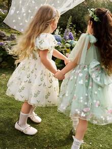SHEIN Glamorique Kids 女童公主裙，花童，生日派对，晚宴，立体花朵收腰蓬蓬裙，四季皆宜，翻领，网纱泡泡袖优雅派对礼服，华丽连衣裙，复活节，夏季，优雅派对礼服，儿童茶会礼服，女童花园派对礼服，儿童刺绣花朵连衣裙，儿童传家宝连衣裙 - 白色 - 查看 11