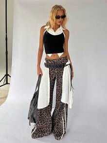 TRNVIE 时尚休闲织带豹纹低腰直筒牛仔裤 - 棕色 - 查看 6