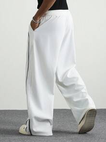 PAVTROS 男士撞色字母印花拉链阔腿裤，街头风格，秋季 - 白色 - 查看 2