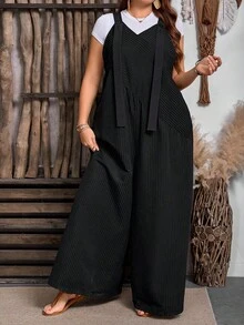 Breezaya Plus Size Striped Jumpsuit Dark Grey Woven Fabric Cropped Length With Pockets Casual Sleeveless Design - Dark Grey - View 7