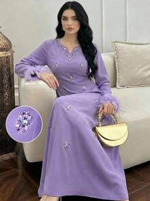 Al Najma Đầm maxi Thổ Nhĩ Kỳ dành cho nữ, thanh lịch, sang trọng, lãng mạn, đính pha lê, kiểu áo choàng dài truyền thống Ả Rập. - Màu tím - Xem 2