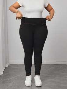 Truni Plus Top-Stitching Wideband Waist Leggings - Black - View 4