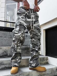 Manfinity Hypemode Men's Street Fashion Drawstring Waist Slant Pocket Camouflage Cargo Pants Camo Cargo Pants Men Army Pants Camo Cargos Men Cargos Pants Men Street Wear Pants - Dark Grey - View 1