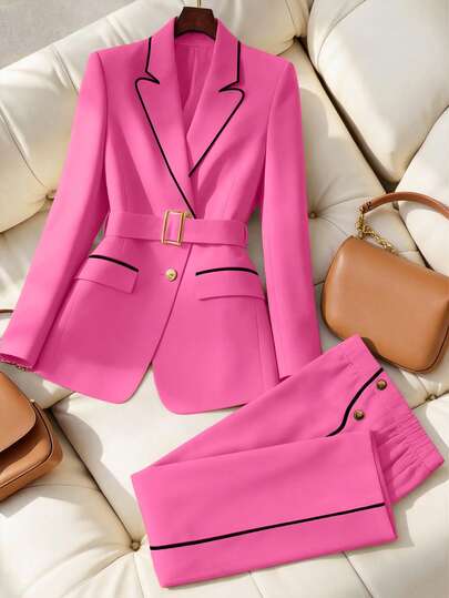 GlowEve CURVE Plus Size Women's Patchwork Elegant Blazer + Straight Leg Commuter Pants