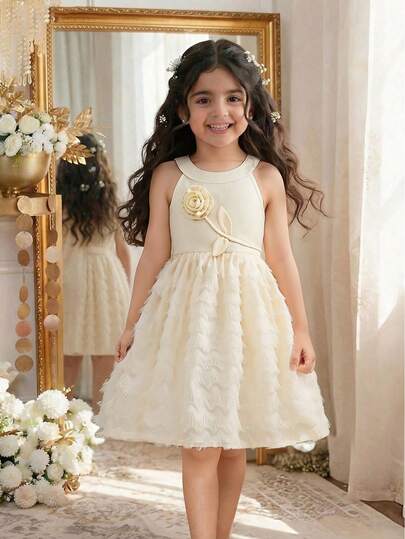 Elladie kids פריט בודד חדש לקיץ לבנות בנות פעוטות שמלת שיפון צרפתית אלגנטית, צבע משמש, צווארון עגול קולר ללא גב מותן שחבור שמלת נסיכה משיפון מטושטש, מתאים ליומיום, מסיבה, חופשה