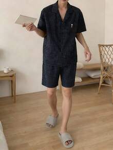 DAZY 男士夏季口袋设计短袖衬衫和短裤睡衣套装 - 藏蓝色 - 查看 2