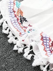 SHEIN PETITE 小码系列女士春夏度假风复古印花流苏下摆无袖连衣裙 - 白色 - 查看 4