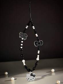 HELLO KITTY AND FRIENDS | SHEIN 可爱卡通珍珠闪亮黑白手机挂绳蝴蝶结手机链手机吊坠 - 黑與白 - 查看 7