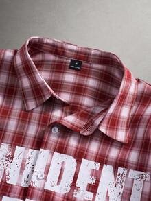 STYNVO 男士标语格子印花短袖单排扣休闲衬衫 - 粉色 - 查看 3