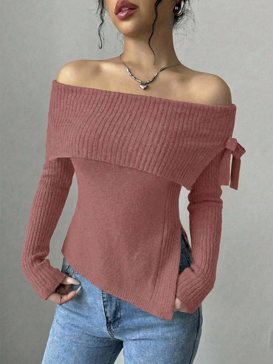 Pulover elegant cu mânecă lungă, culoare solidă, cu umeri dezbrăcați, tiv despicat - Roz praf - Vizualizare 1