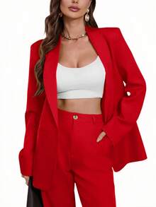 Aveloria Modichic Áo blazer cổ ve lật màu trơn, kiểu dáng thường ngày, thích hợp cho mùa xuân/thu. - Đỏ - Xem 5