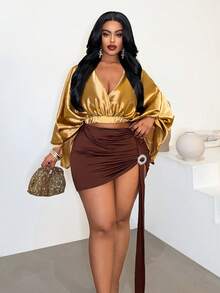 Maweii Plus Size Women Deep V-Neck Ruffle Top And Ruffle Mini Skirt Casual 2-Piece Set - Multicolor - View 1