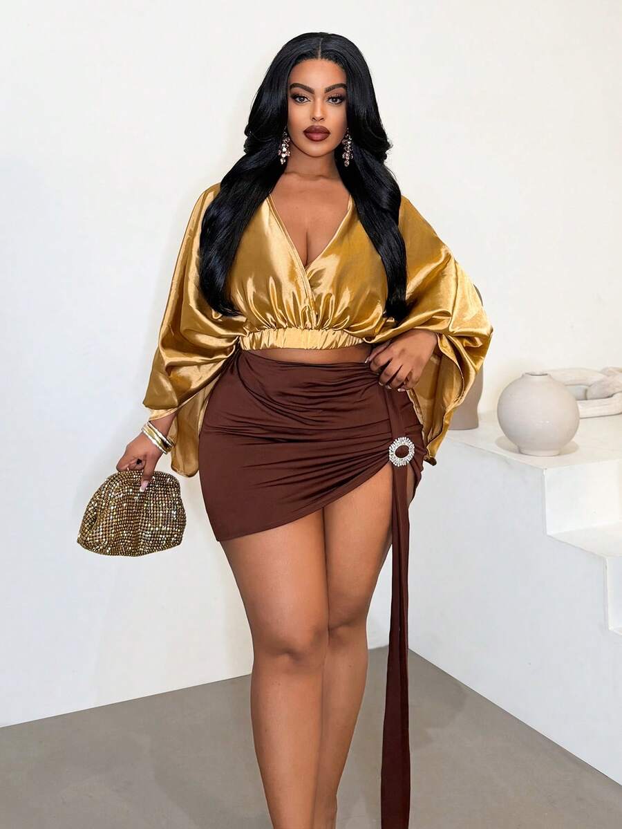 Maweii Plus Size Women Deep V-Neck Ruffle Top And Ruffle Mini Skirt Casual 2-Piece Set - Multicolor - View 1