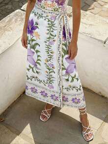 CAJUNI Elegant White Straight Wrap Skirt With Romantic Floral Print. - Purple - View 6
