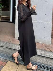 FRIFUL 女士轻薄透明直筒连衣裙，圆领长袖，袖口呈喇叭形，宽松休闲百搭，适合春夏穿着 - 黑色 - 查看 2