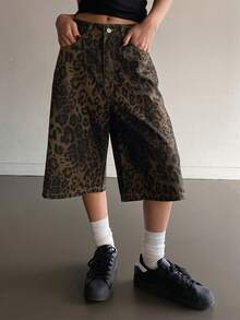 DAZY Pantaloncini di jeans casual e ampi con stampa leopardata e effetto consumato, adatti per la primavera e l'estate - Castano - Visualizzare 4
