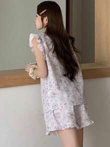 DAZY Summer Sweet Happy Dog Print Loose Ruffled Hem Women Pajama Set - Mauve Purple - View 2