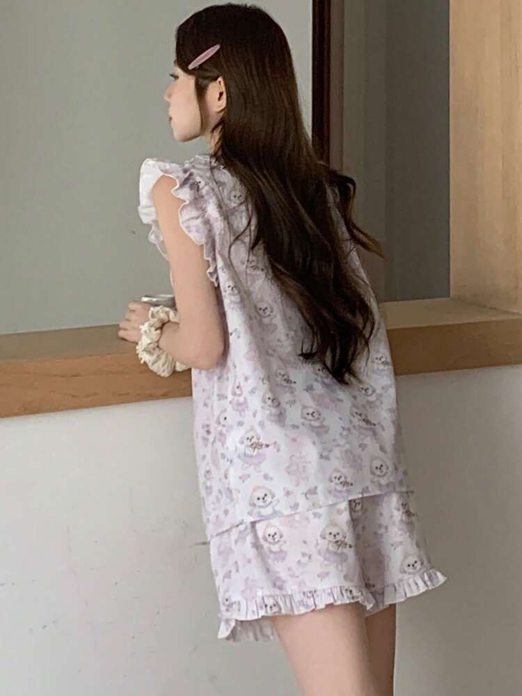 Summer Sweet Happy Dog Print Loose Ruffled Hem Women Pajama Set