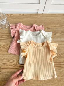 3pcs Newborn Baby Girl Cute Casual Versatile Solid Color Ruffle Trim Knit Top Set - White - View 4