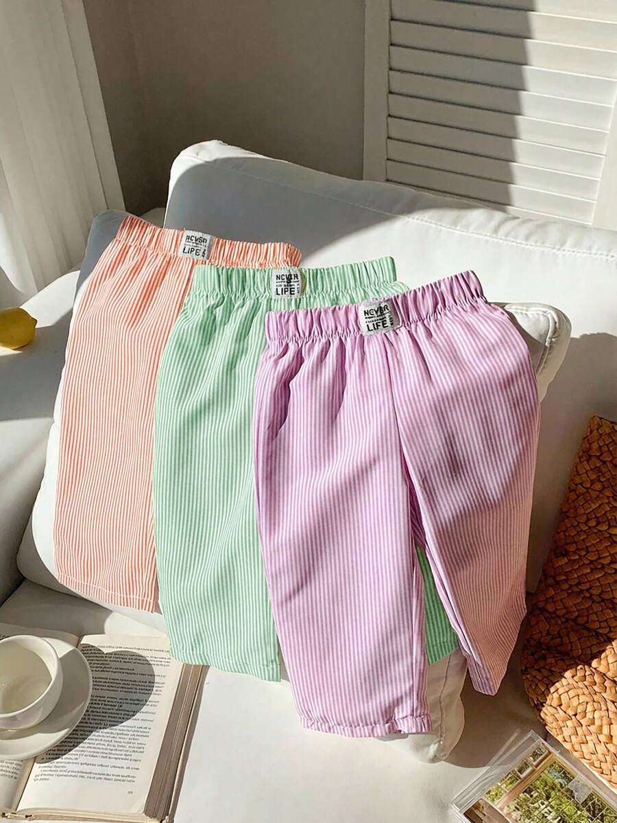 3pcs/Set Babygirl Summer Casual Letter & Striped Pattern Pants - Multicolor - View 1
