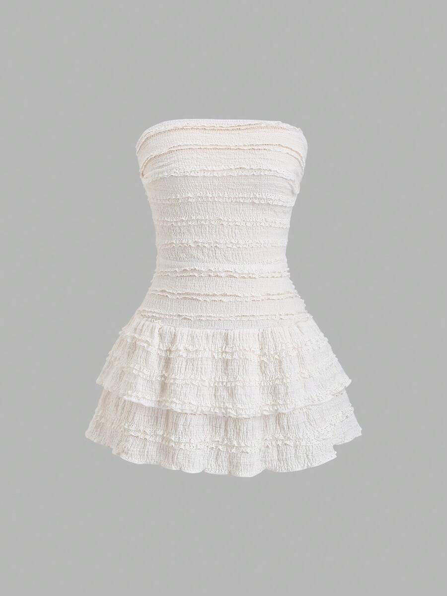 SHEIN Sweetro Váy ống ngắn màu trơn dệt kim có họa tiết - Màu be - Xem 1