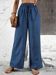 Women's Solid Color Pants With Super String Belt - Blue - View 11