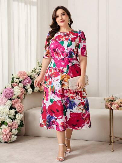 Reflora Vestido elegante de manga corta con cuello redondo y estampado floral para mujer de talla grande