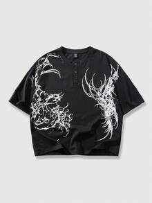 ROMWE MEN Goth 男士哥特图案圆领休闲百搭日常短袖T恤 - 黑色 - 查看 1