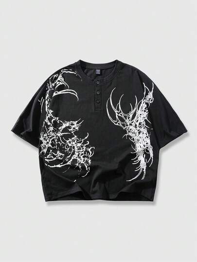 ROMWE MEN Goth 男士哥特图案圆领休闲百搭日常短袖T恤