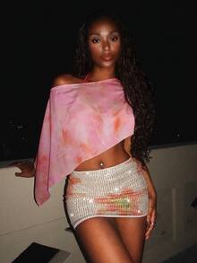 EgrlEra 女士性感紧身迷你裙，饰有串珠刺绣和印花图案 - 杏色 - 查看 6