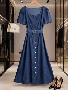 GlowEve Women's Square Neck Short Sleeve Pleated Front Button Casual Denim Dress - Blue - View 3