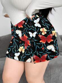 Flirla Plus Size V-Waist Front Slit Butterfly Print Culottes For Women - Multicolor - View 4