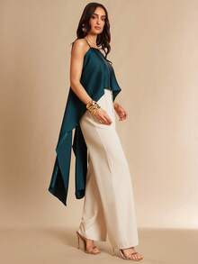 Silquee 纯色橄榄绿细肩带露背优雅性感成熟女士吊带背心，适合浪漫约会、郊游、海滩度假、通勤、新年、圣诞节、情人节、日常穿着。 - 墨綠色 - 查看 4