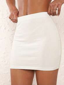 SHEIN BASICS 女士纯色休闲百搭约会/旅行迷你裙 - 白色 - 查看 5