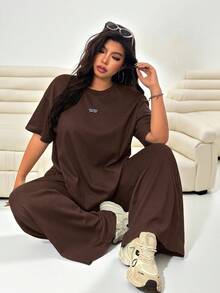 Solflare Chocolate Brown Plus Size Textured Knit Cardigan T-Shirt + Loose Pants Casual 2 Pieces Set - Chocolate Brown - View 5