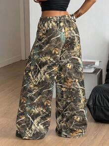 Coolane 女士春夏街头风锐舞朋克Y2K树枝图案森林印花舒适宽松阔腿裤 - 棕色 - 查看 7