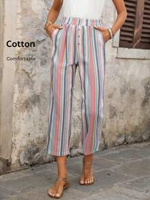 EMERY ROSE Women's Casual Vacation & Commute Contrast Stripe Print Elastic Waist Side Pockets Cropped Pants - Multicolor - View 4