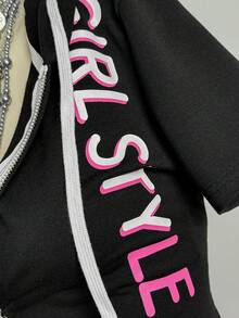 SHEIN DivaQ 女士时尚印花黑色短袖卫衣 - 黑色 - 查看 7